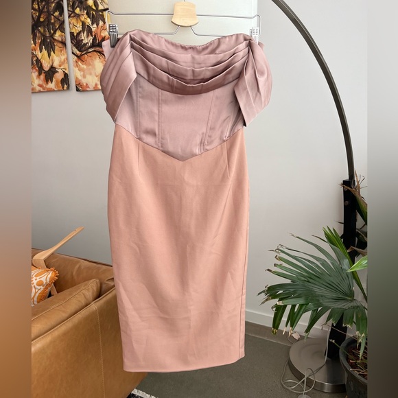 NWT Lavish Alice Mink Pleated Bardot Satin Mix Midi Dress - Picture 2 of 6